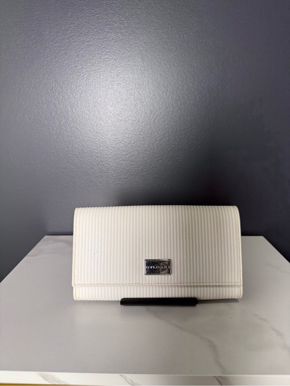 Bulgari Ivory Ribbed Leather Clutch with Metal Logo